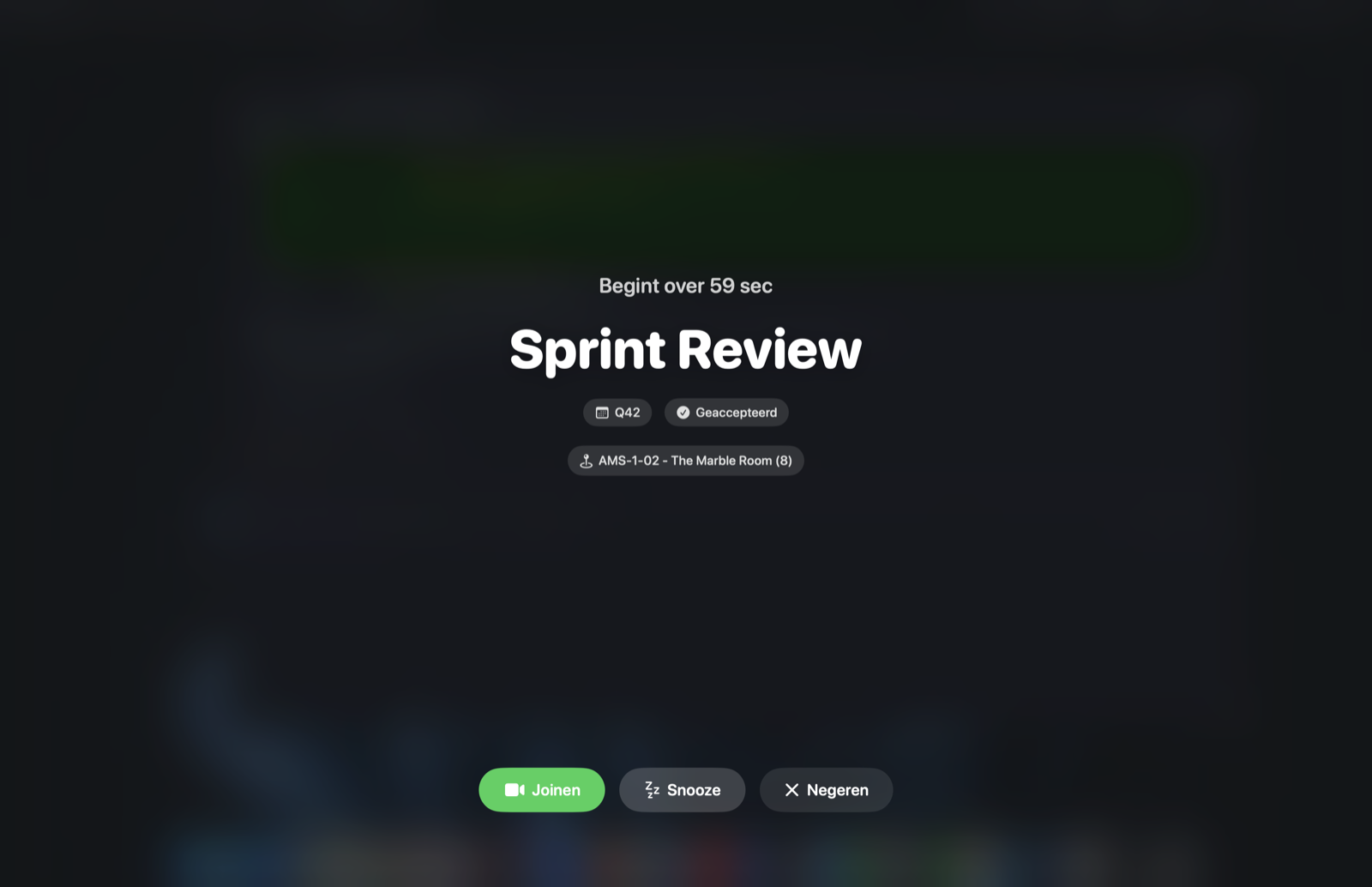 Bonk's schermvullende waarschuwing: ‘Begint over 59 sec — Sprint Review’ met Joinen, Snooze en Negeren.