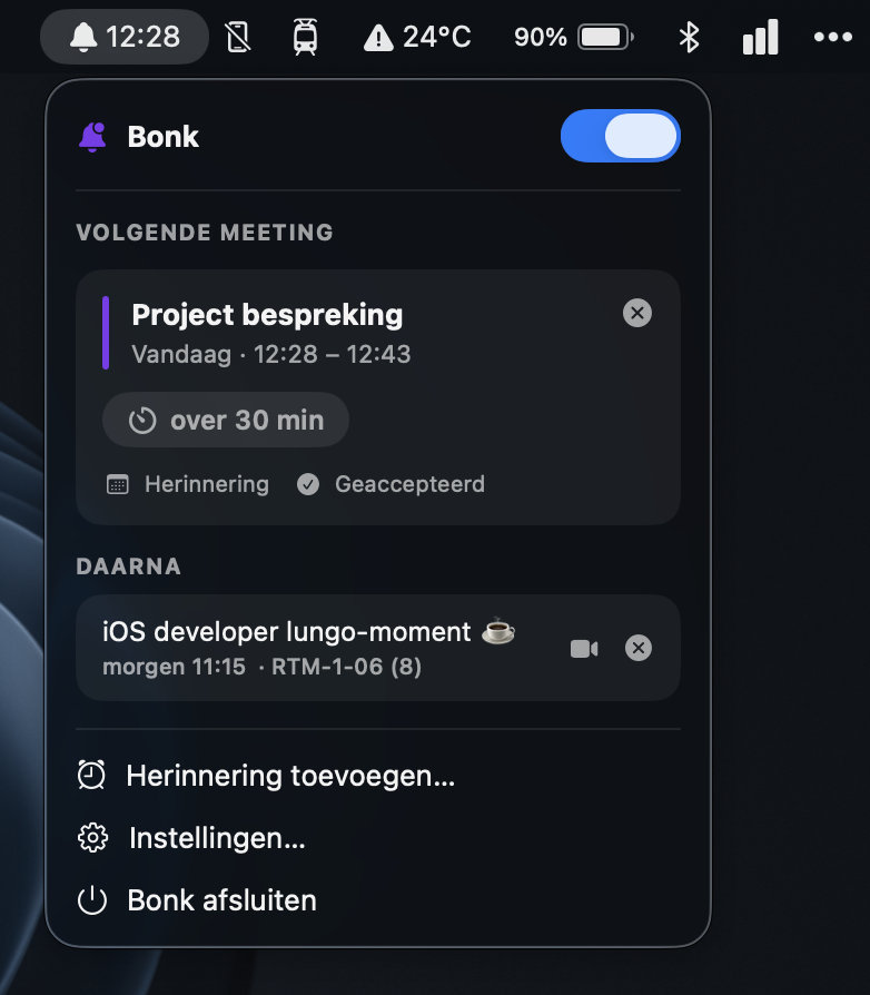 Bonk in de macOS-menubalk: het menu met de volgende meeting, een aftelteller en de Joinen-knop.